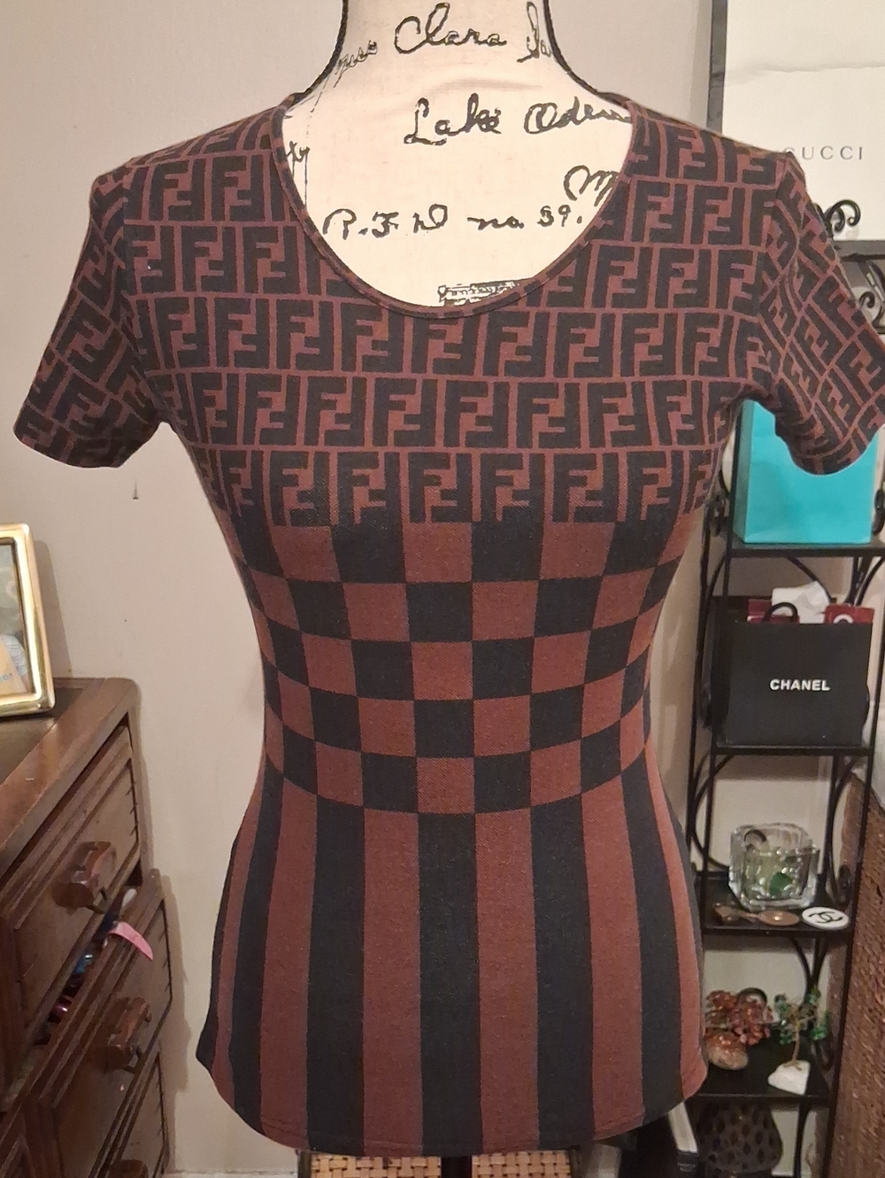 Authentic Fendi Vtg Brown & Black FF Logo Checkerboard Short Sleeve Top 40/2-4